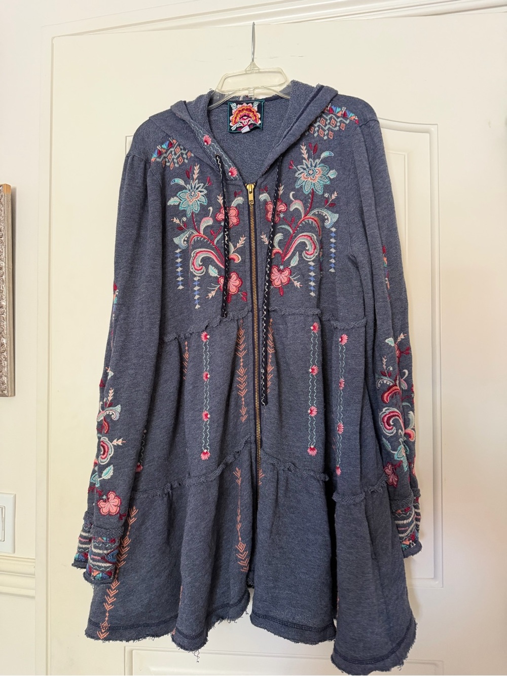 Johnny Was denim blue Embroidered Hooded Zip Jacket M